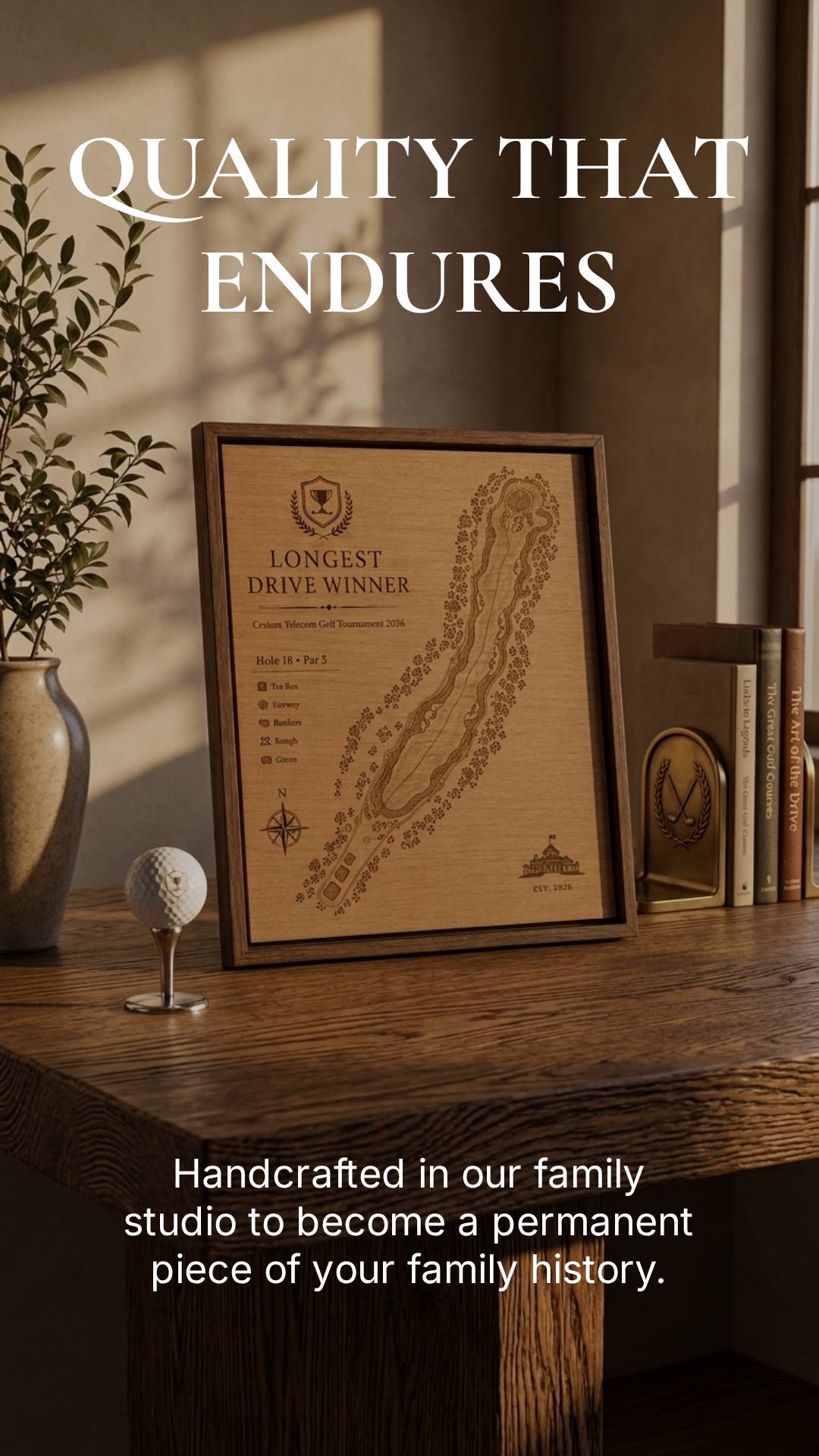 Framed etched longest drive winner golf map on a walnut sideboard beside a golf ball on a tee