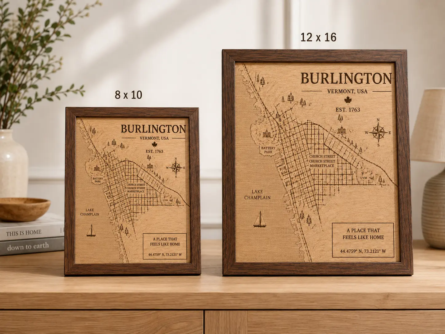 An 8 × 10 in and a 12 × 16 in engraved map shown side by side for scale