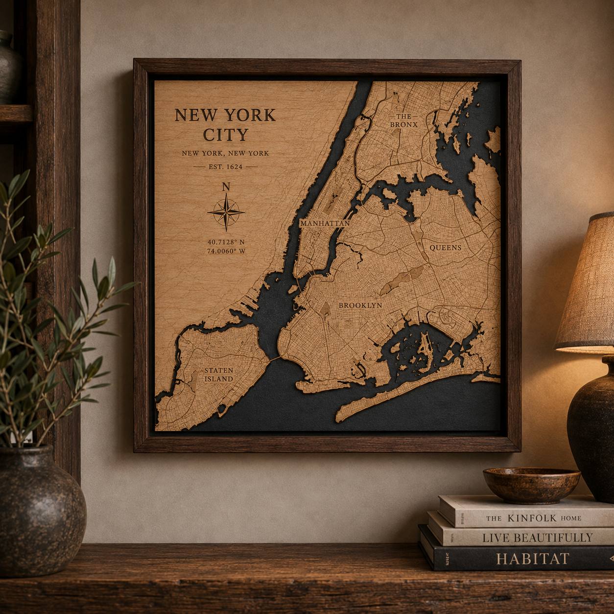 Framed etched wooden map of New York City with all five boroughs and recessed waterways