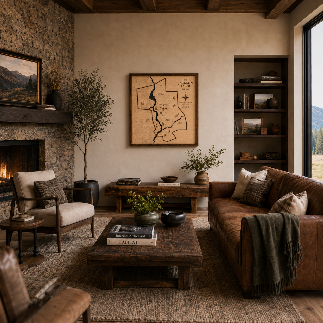 Framed engraved ranch map hanging above a sideboard