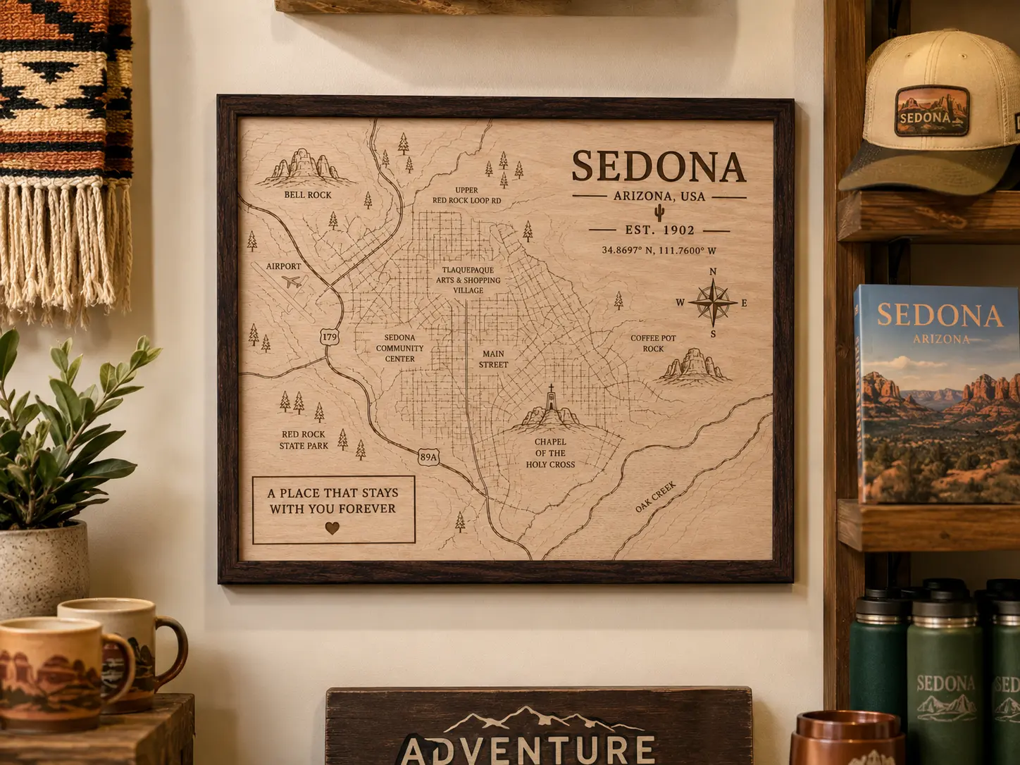 Framed engraved city map on a shelf in a warm living room