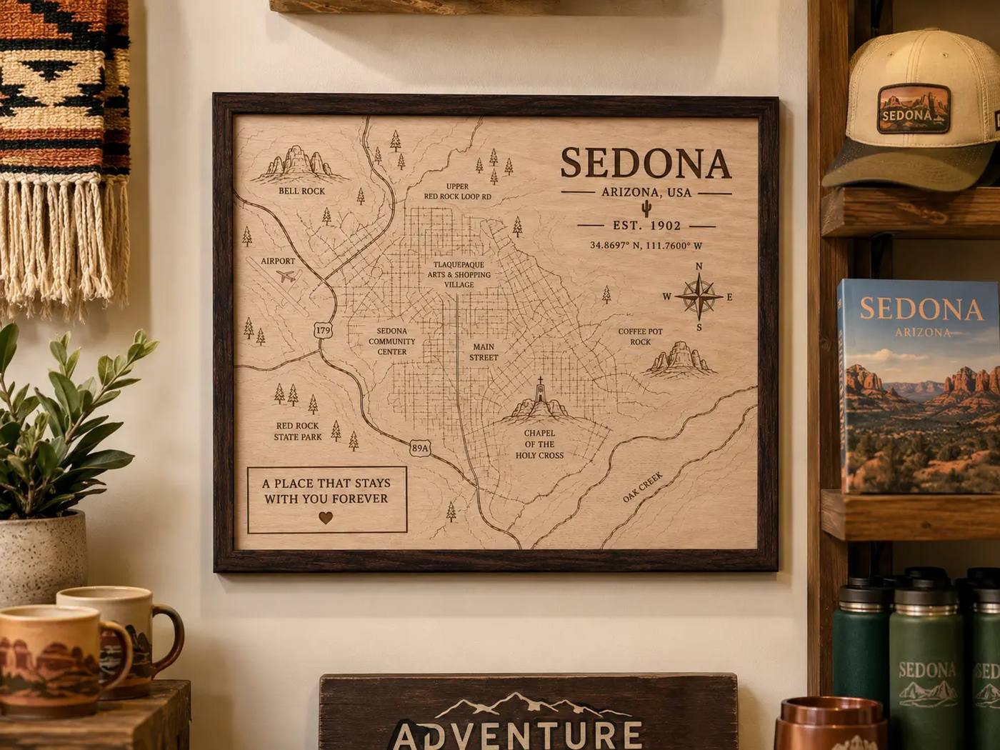 Framed etched city map on a shelf in a warm living room