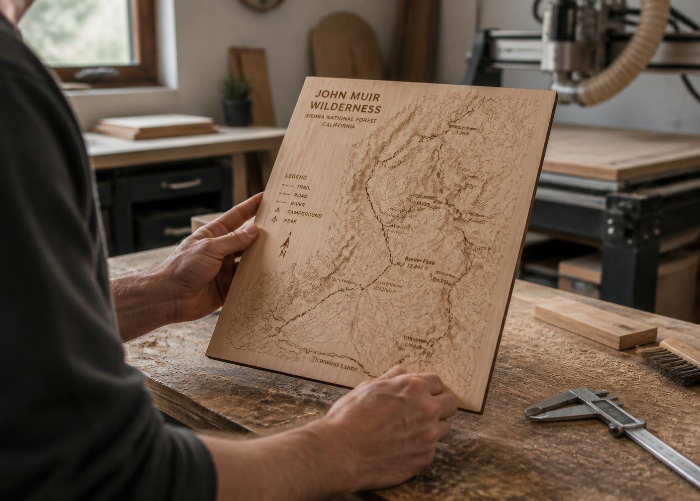 Hardwood panels and engraving tools in the Legacy Maps studio